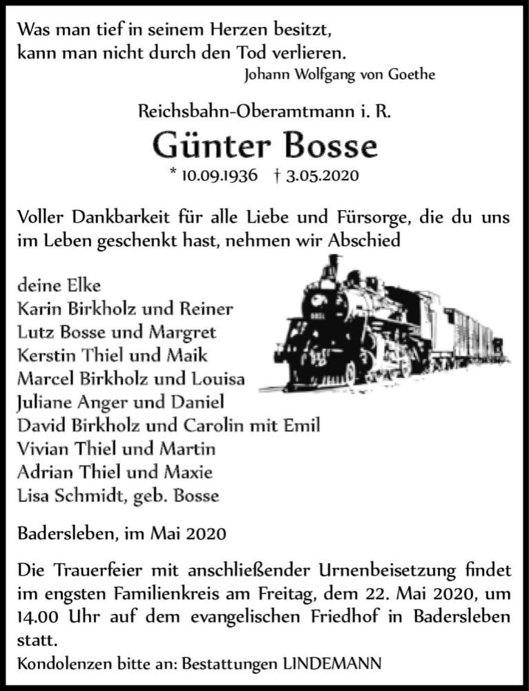  Traueranzeige für Günter Bosse  vom 09.05.2020 aus Magdeburger Volksstimme