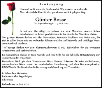 Traueranzeige von Günter Bosse  von Magdeburger Volksstimme