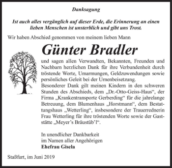 Traueranzeige von Günter Bradler  von Magdeburger Volksstimme