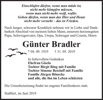 Traueranzeige von Günter Bradler  von Magdeburger Volksstimme