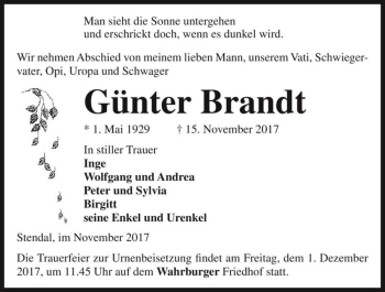 Traueranzeige von Günter Brandt  von Magdeburger Volksstimme