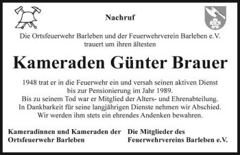 Traueranzeige von Günter Brauer  von Magdeburger Volksstimme