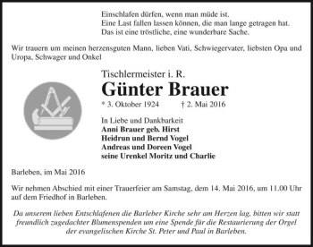 Traueranzeige von Günter Brauer  von Magdeburger Volksstimme