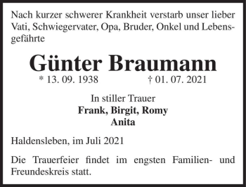Traueranzeige von Günter Braumann  von Magdeburger Volksstimme