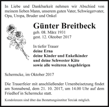 Traueranzeige von Günter Breitbeck  von Magdeburger Volksstimme