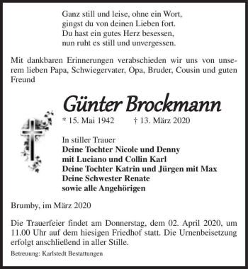 Traueranzeige von Günter Brockmann  von Magdeburger Volksstimme