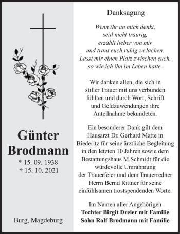 Traueranzeige von Günter Brodmann  von Magdeburger Volksstimme