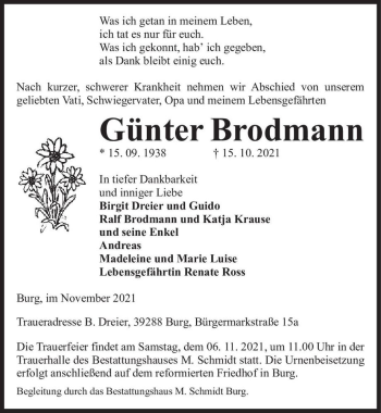 Traueranzeige von Günter Brodmann  von Magdeburger Volksstimme