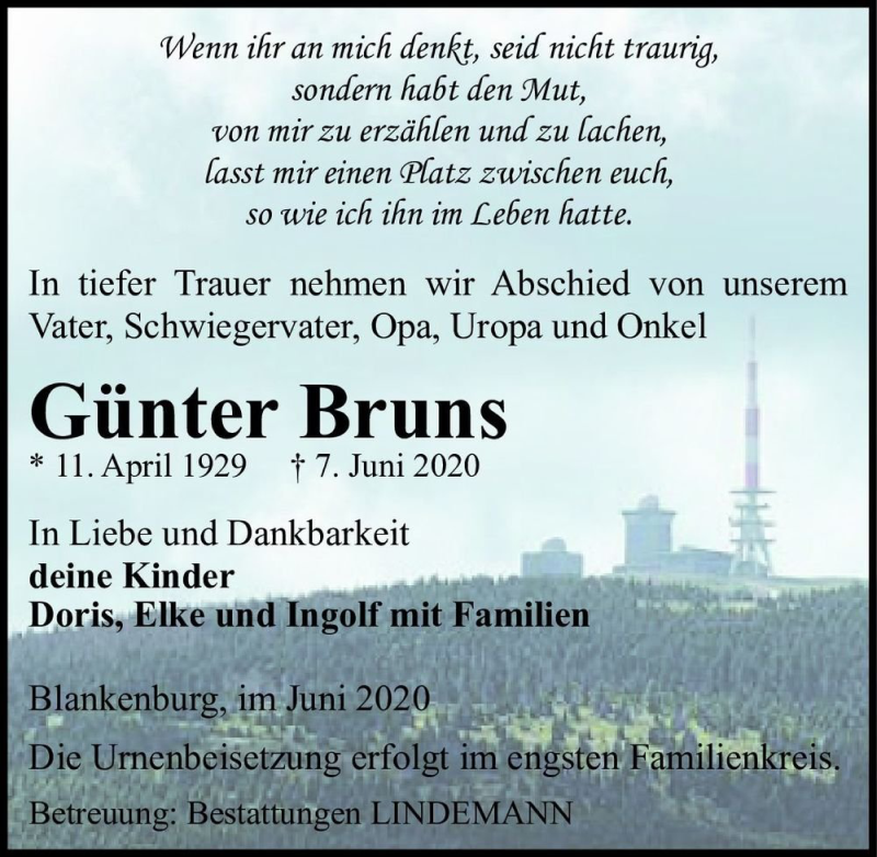  Traueranzeige für Günter Bruns  vom 13.06.2020 aus Magdeburger Volksstimme