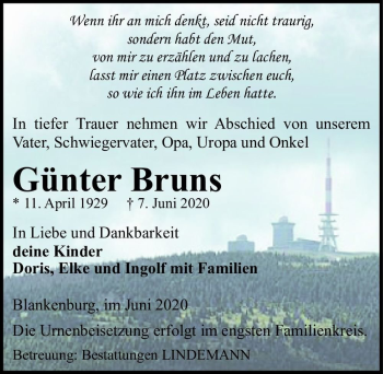 Traueranzeige von Günter Bruns  von Magdeburger Volksstimme