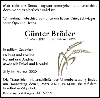 Traueranzeige von Günter Bröder  von Magdeburger Volksstimme
