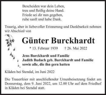 Traueranzeige von Günter Burckhardt  von Magdeburger Volksstimme