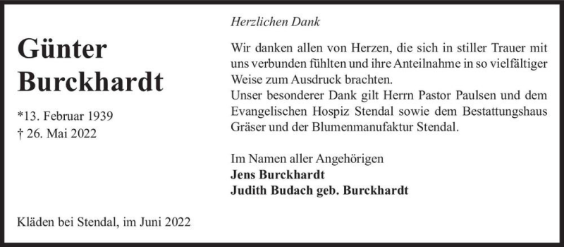  Traueranzeige für Günter Burckhardt  vom 25.06.2022 aus Magdeburger Volksstimme
