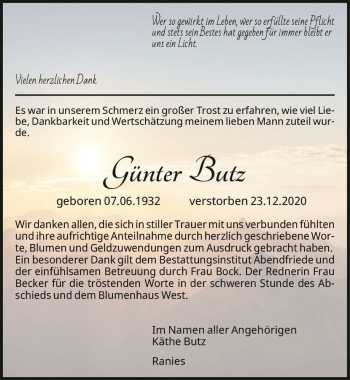 Traueranzeige von Günter Butz  von Magdeburger Volksstimme