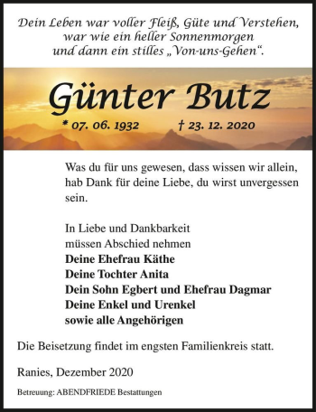Traueranzeige von Günter Butz  von Magdeburger Volksstimme