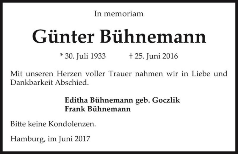  Traueranzeige für Günter Bühnemann  vom 24.06.2017 aus Magdeburger Volksstimme