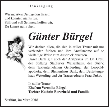 Traueranzeige von Günter Bürgel  von Magdeburger Volksstimme