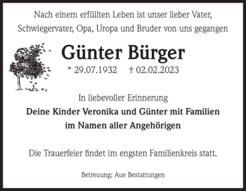 Traueranzeige von Günter Bürger  von Magdeburger Volksstimme