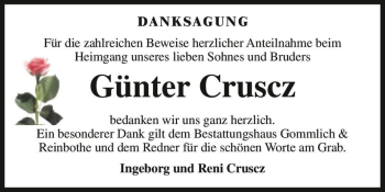 Traueranzeige von Günter Cruscz  von Magdeburger Volksstimme