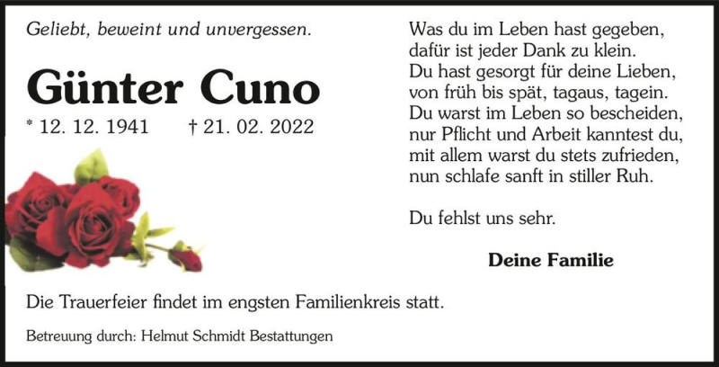  Traueranzeige für Günter Cuno  vom 05.03.2022 aus Magdeburger Volksstimme