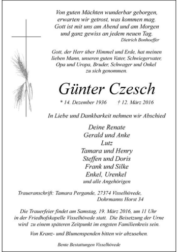 Traueranzeige von Günter Czesch  von Magdeburger Volksstimme