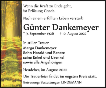 Traueranzeige von Günter Dankemeyer  von Magdeburger Volksstimme