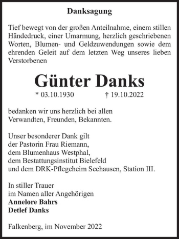Traueranzeige von Günter Danks  von Magdeburger Volksstimme