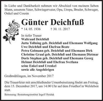 Traueranzeige von Günter Deichfuß  von Magdeburger Volksstimme