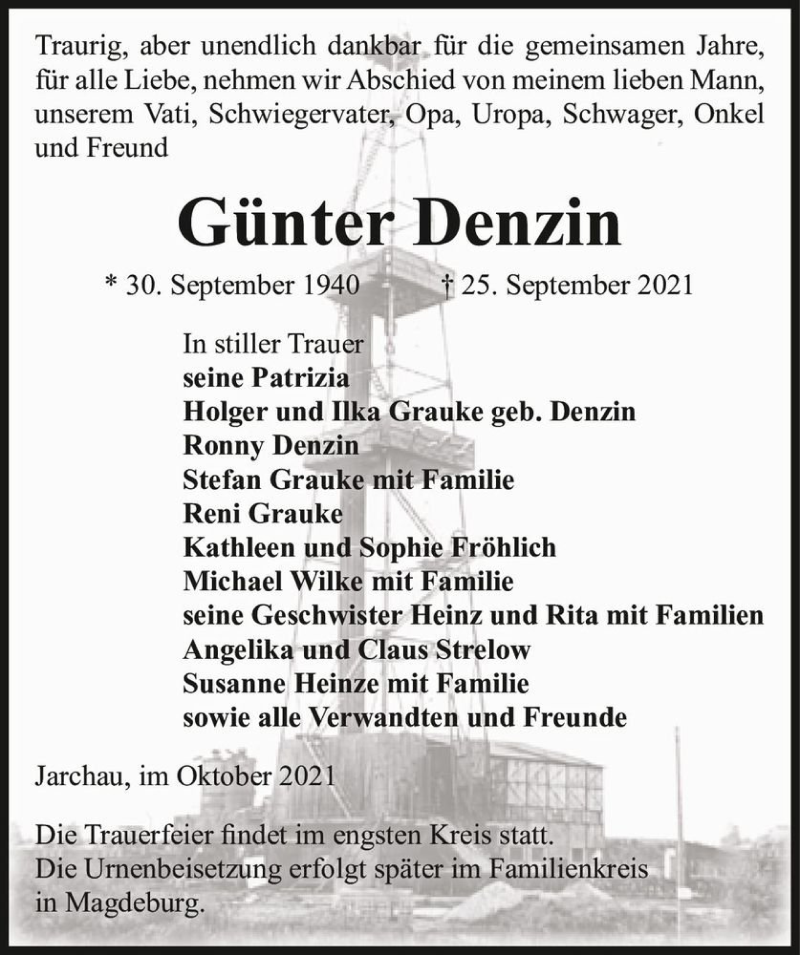  Traueranzeige für Günter Denzin  vom 02.10.2021 aus Magdeburger Volksstimme