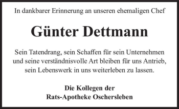 Traueranzeige von Günter Dettmann  von Magdeburger Volksstimme