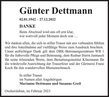 Traueranzeige von Günter Dettmann  von Magdeburger Volksstimme