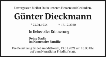 Traueranzeige von Günter Dieckmann  von Magdeburger Volksstimme