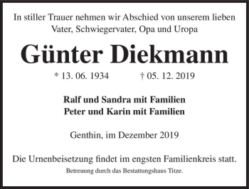 Traueranzeige von Günter Diekmann  von Magdeburger Volksstimme