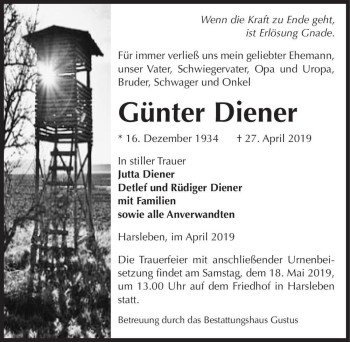 Traueranzeige von Günter Diener  von Magdeburger Volksstimme