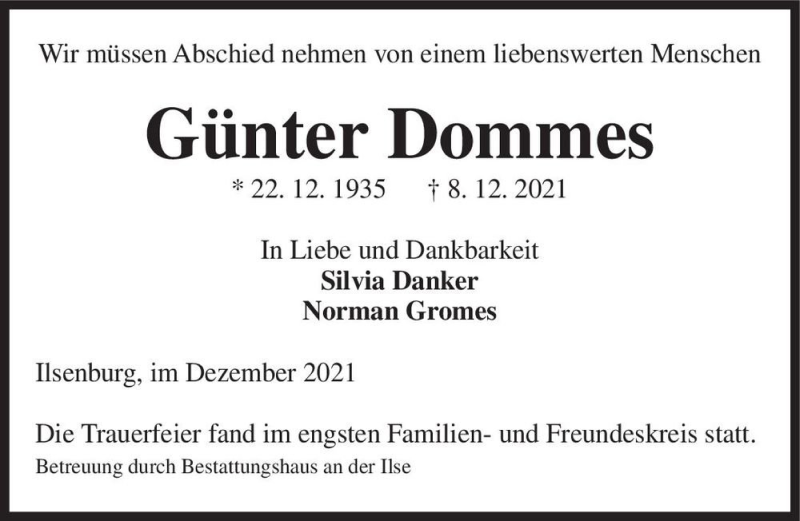  Traueranzeige für Günter Dommes  vom 28.12.2021 aus Magdeburger Volksstimme