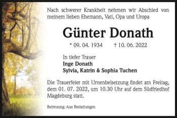 Traueranzeige von Günter Donath  von Magdeburger Volksstimme