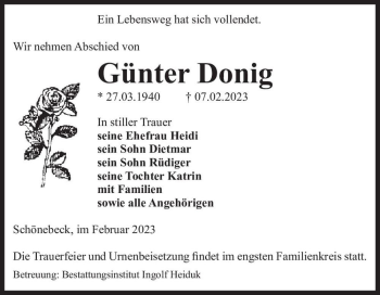 Traueranzeige von Günter Donig  von Magdeburger Volksstimme