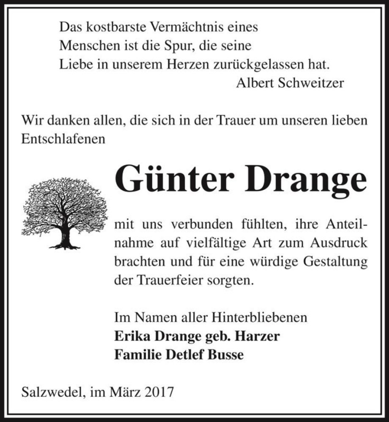  Traueranzeige für Günter Drange  vom 29.03.2017 aus Magdeburger Volksstimme