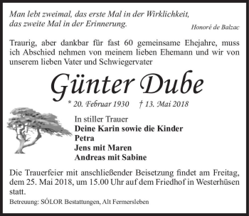 Traueranzeige von Günter Dube  von Magdeburger Volksstimme