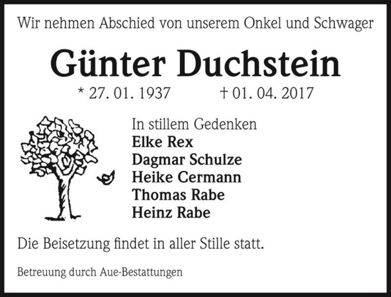  Traueranzeige für Günter Duchstein  vom 08.04.2017 aus Magdeburger Volksstimme