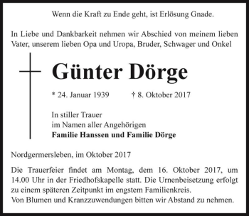 Traueranzeige von Günter Dörge  von Magdeburger Volksstimme