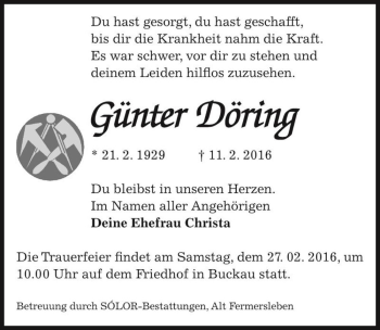 Traueranzeige von Günter Döring  von Magdeburger Volksstimme