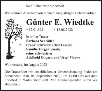 Traueranzeige von Günter E. Wiedtke  von Magdeburger Volksstimme