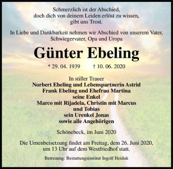 Traueranzeige von Günter Ebeling  von Magdeburger Volksstimme