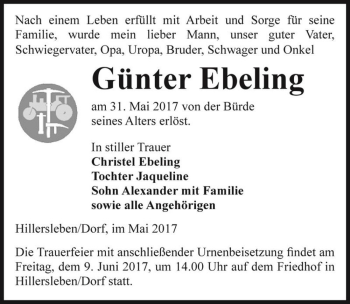 Traueranzeige von Günter Ebeling  von Magdeburger Volksstimme