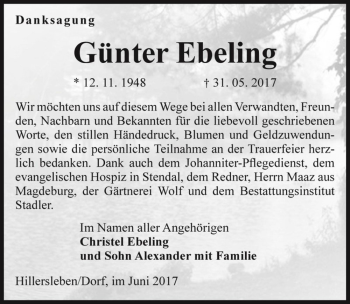 Traueranzeige von Günter Ebeling  von Magdeburger Volksstimme