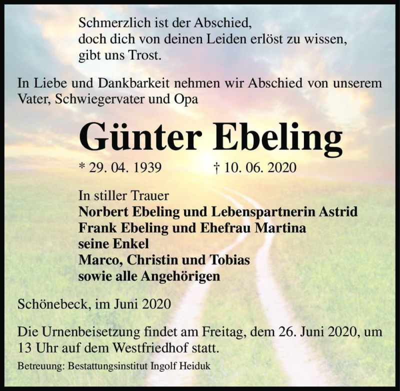  Traueranzeige für Günter Ebeling  vom 20.06.2020 aus Magdeburger Volksstimme