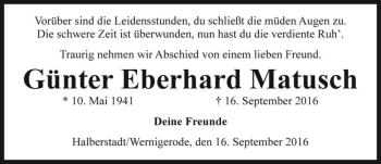 Traueranzeige von Günter Eberhard Matusch  von Magdeburger Volksstimme