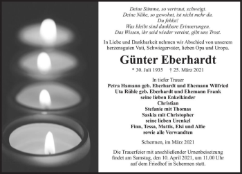 Traueranzeige von Günter Eberhardt  von Magdeburger Volksstimme