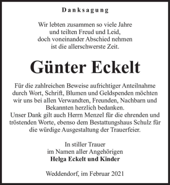 Traueranzeige von Günter Eckelt  von Magdeburger Volksstimme